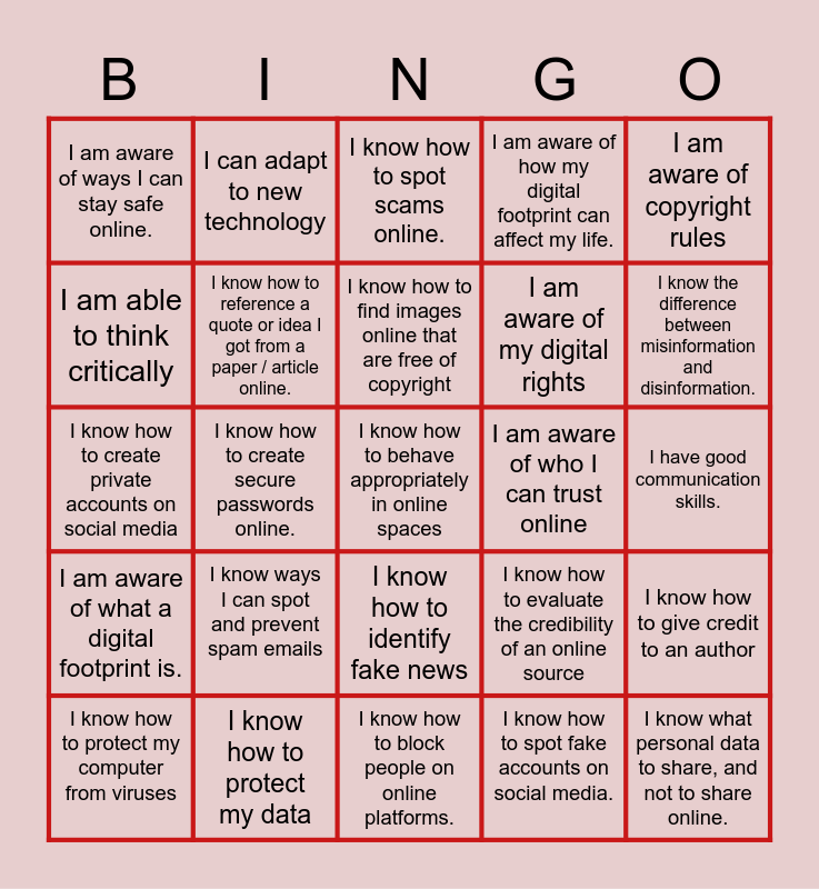 Digital Literacy BINGO Card