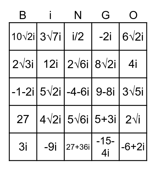 Complex Numbers Bingo Card