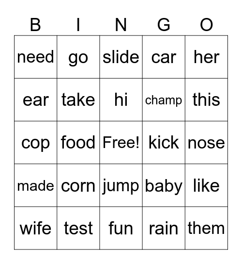 Rhyming Keyword Bank Bingo Card