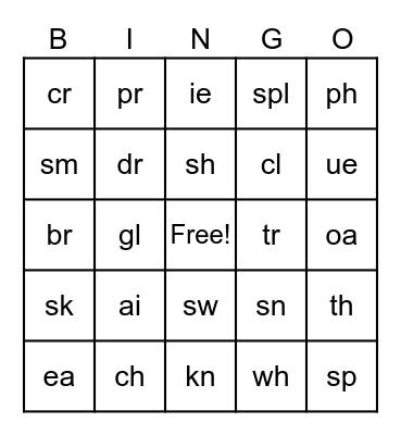 Digraphs and Blends Bingo Card