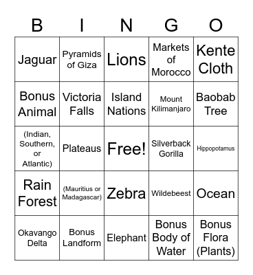 Africa Bingo Card