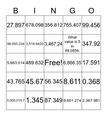 Decimal Place Value Bingo Card