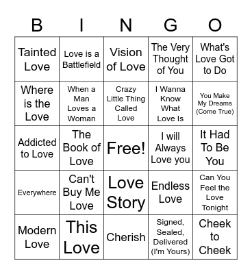 Love Song Bingo Card