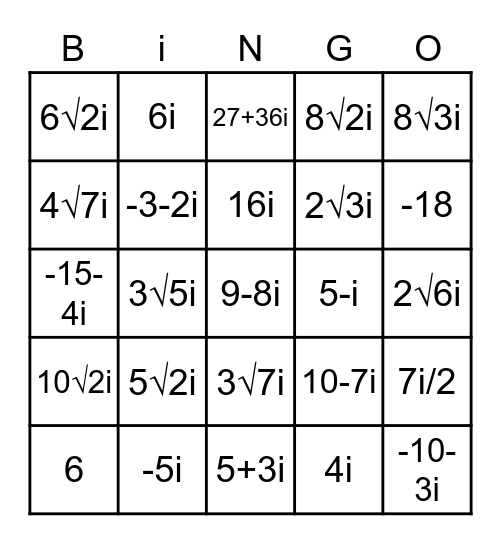 Complex Numbers Bingo Card