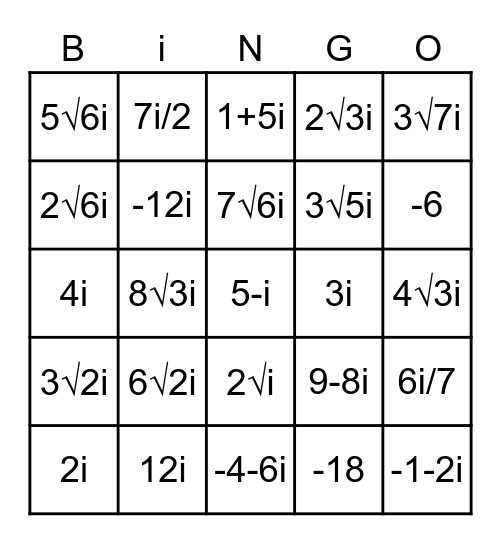 Complex Numbers Bingo Card