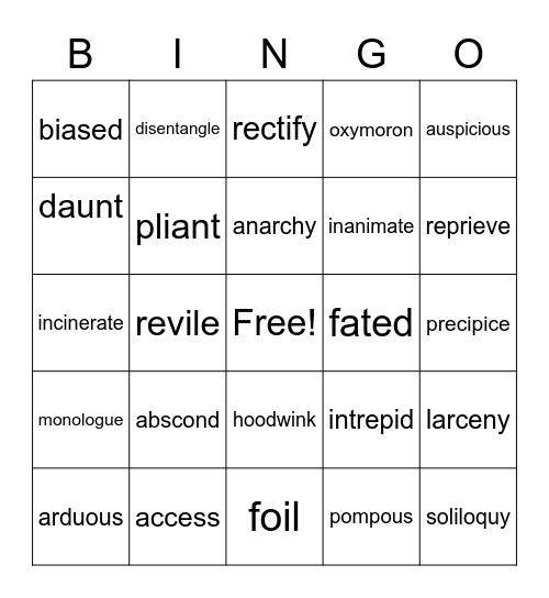 Unit 4 Vocabulary Bingo Card