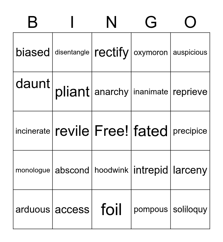 Unit 4 Vocabulary Bingo Card