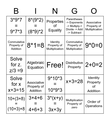 Properties of Numbers Bingo Card
