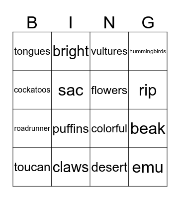 Birds Bingo Card