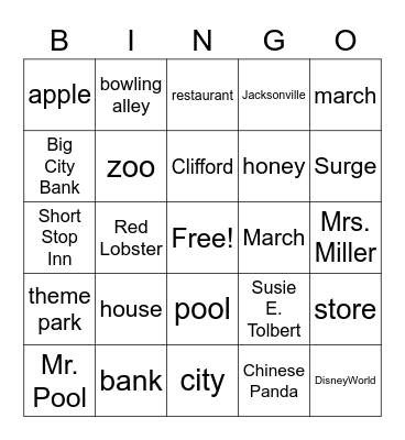 Common & Proper Nouns Bingo Card