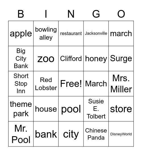 Common & Proper Nouns Bingo Card