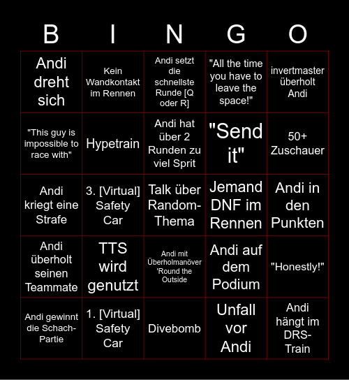 F1 Gloria Bingo Card