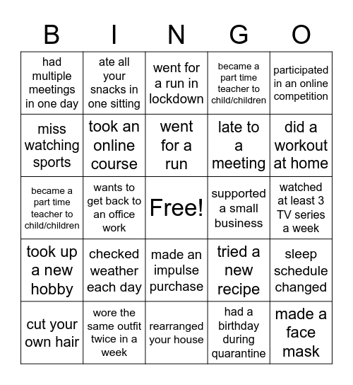 Work From Home Bingo Card