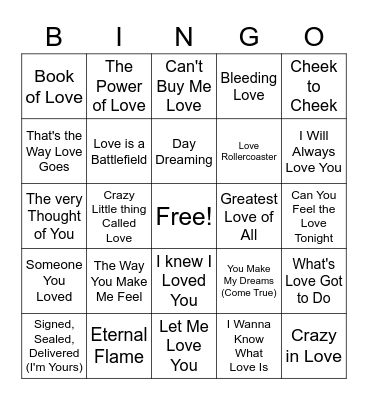Love Song Bingo 2 Bingo Card
