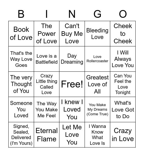Love Song Bingo 2 Bingo Card
