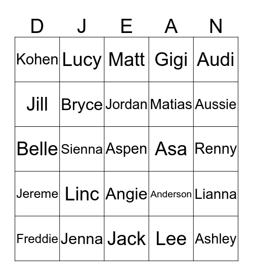 Anderson DJean-O Bingo Card