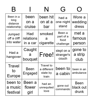 Never Have I ever Bingo Card