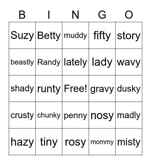 Consonant -y ends Bingo Card