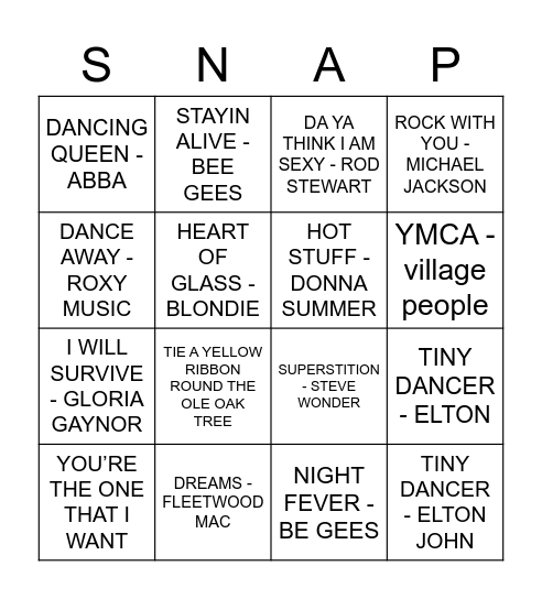 70S MUSIC BINGO Card