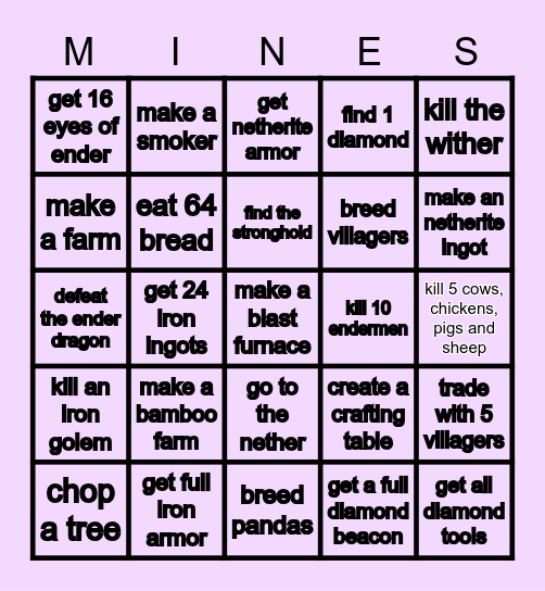 mine bingo craft Bingo Card
