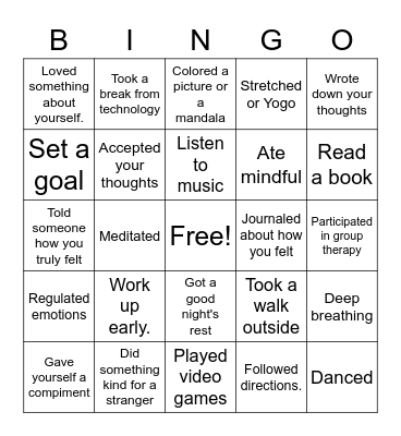 Mindfulness Bingo Card