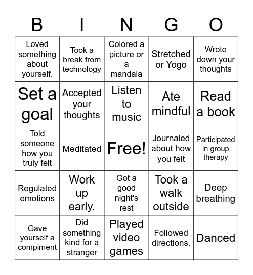 Mindfulness Bingo Card