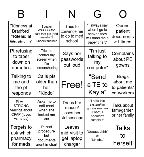 Patty Pratt Bingo Card