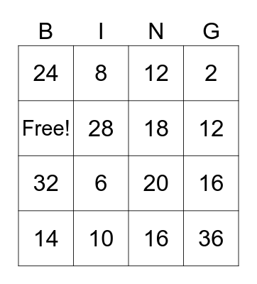 Multiplication BINGO with 2's and 4's Bingo Card