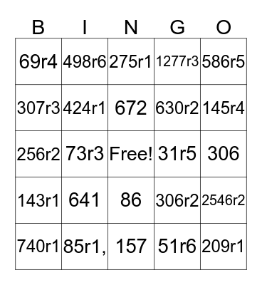 Long Division  Bingo Card