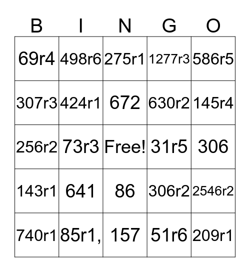 Long Division  Bingo Card