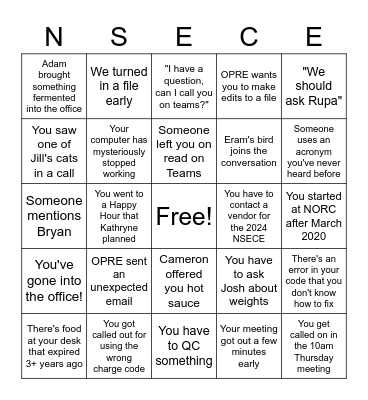NSECE Bingo Card