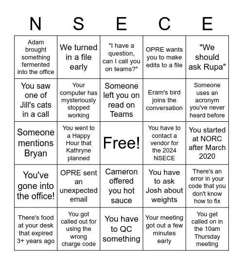 NSECE Bingo Card