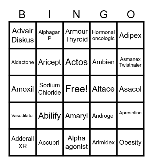 1-20 Brand/Generic Bingo Card