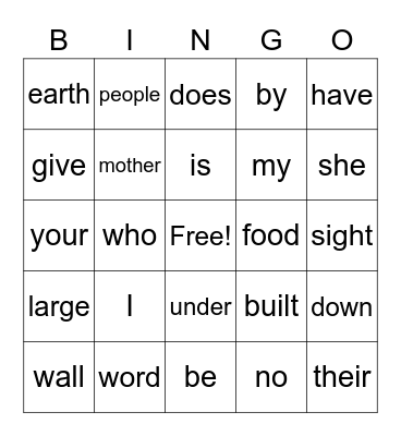 Sight Word Bingo Card