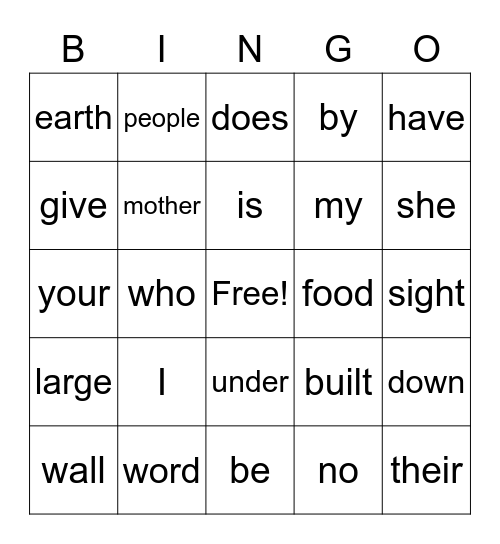 Sight Word Bingo Card