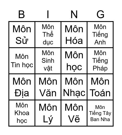 Môn học Bingo Card