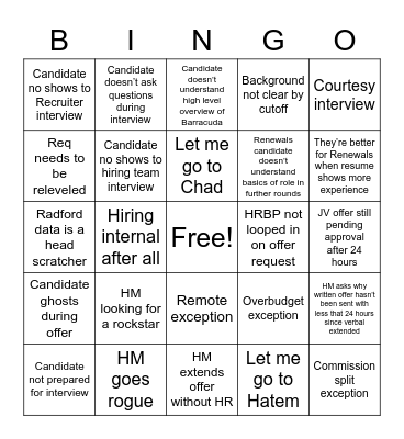 Sales Recruitment Bingo Card
