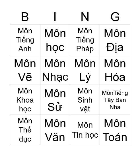 Môn học Bingo Card