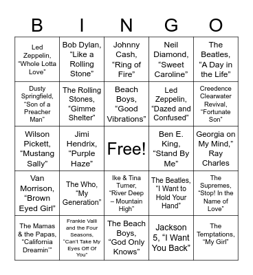 1960s music Bingo Card