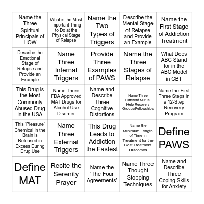 RCI Recovery Bingo Card