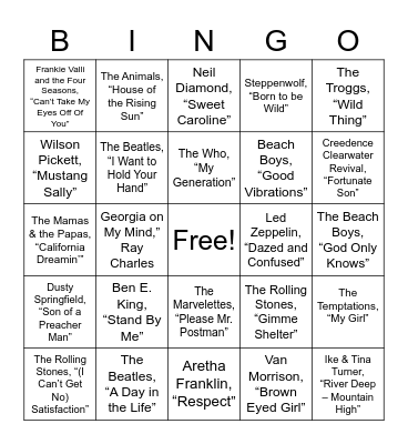 1960s Bingo Card
