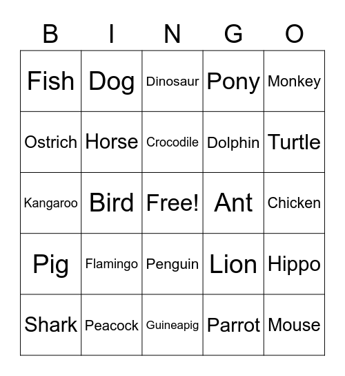 Kids Animal Bingo Card