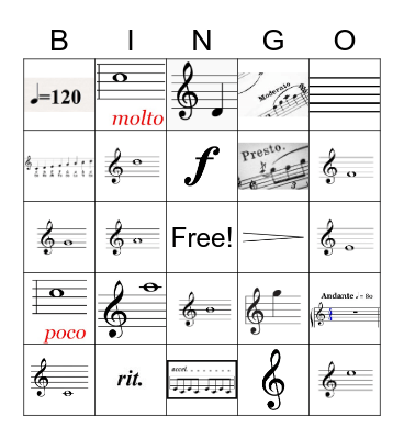 Treble Clef Pitches, Dynamics, and Tempo Bingo Card