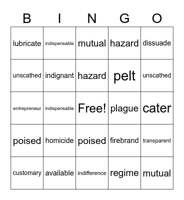 Vocabulary 2 Bingo Card