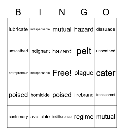 Vocabulary 2 Bingo Card