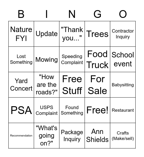 WRA Facebook Bingo Card