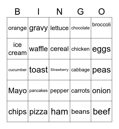 kids food Bingo Card