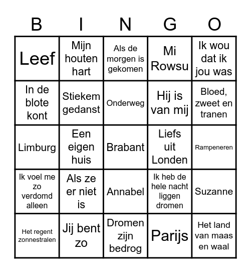 Nederlandse muziekbingo! Bingo Card