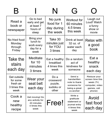 Be Well Bingo Card