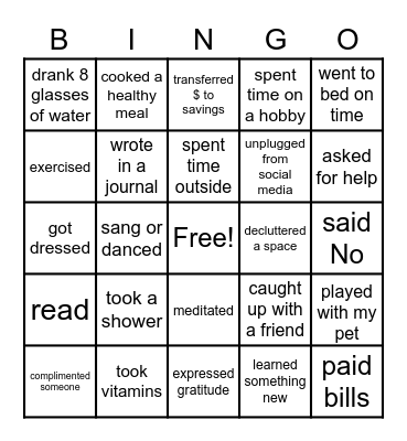 ~Self-Care BINGO~ Bingo Card